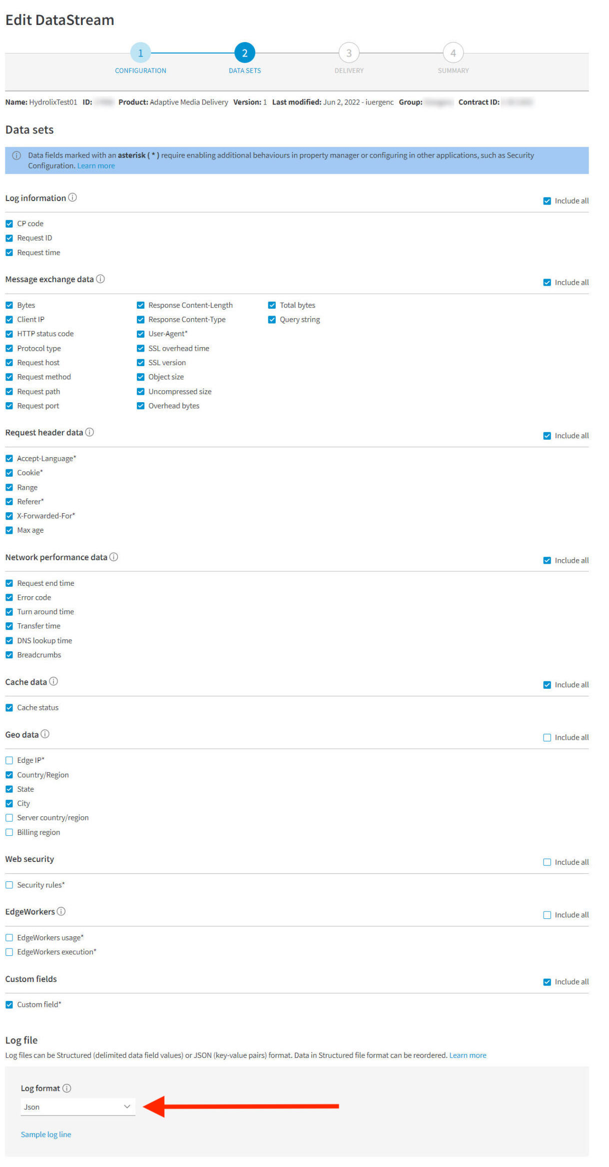 Selecting the "Json" log format in the Akamai portal.