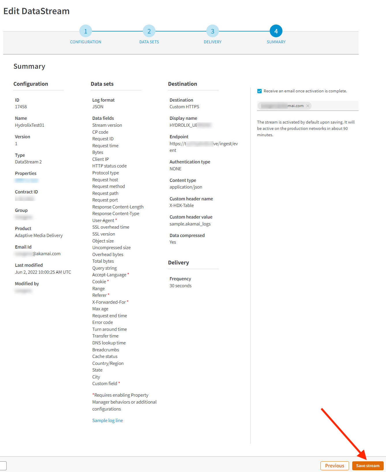 Selecting the "Save stream" button in the Akamai portal.
