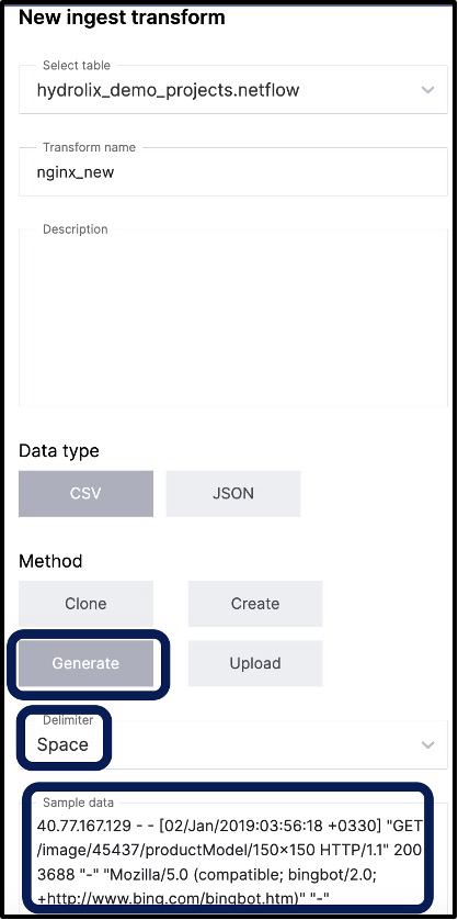 **Figure 8 - Creating a new transform with sample data