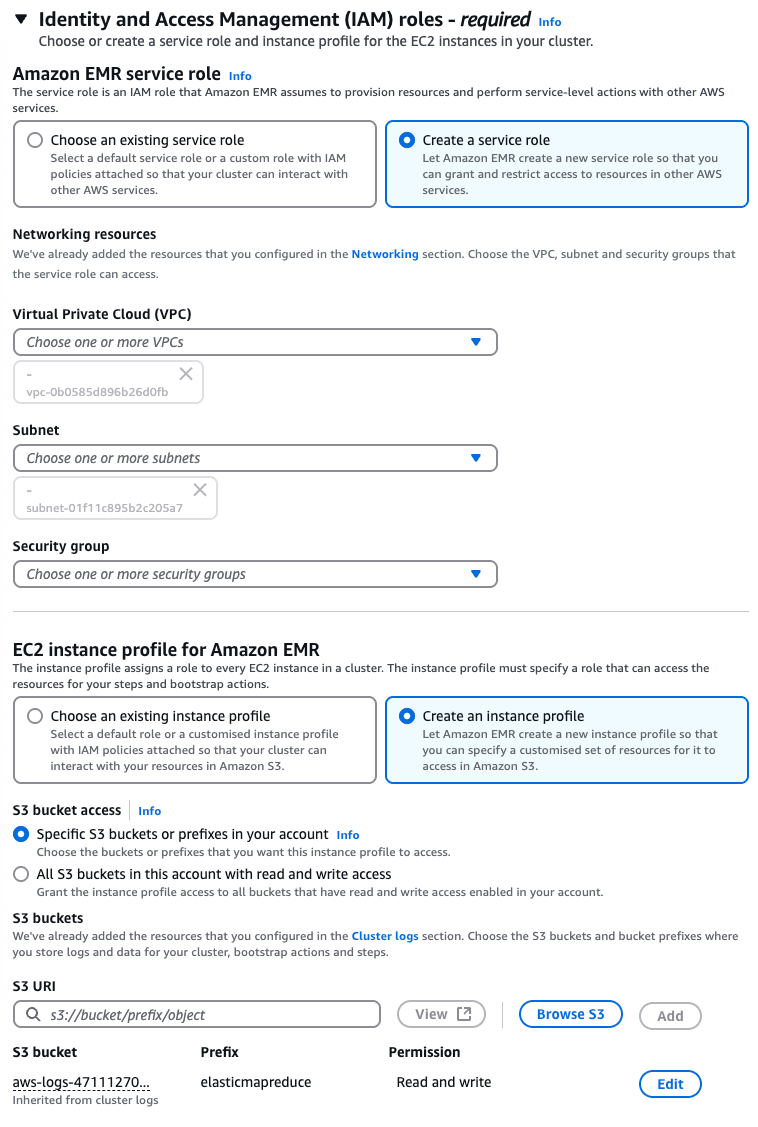 AWS EMR IAM roles configuration showing service role and instance profile creation
