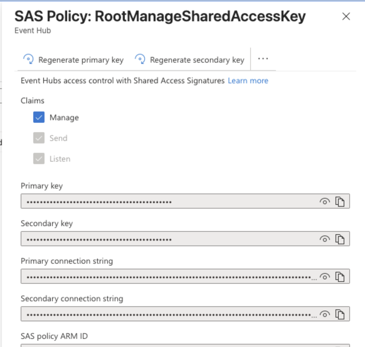 Azure Event Hubs SAS policy details