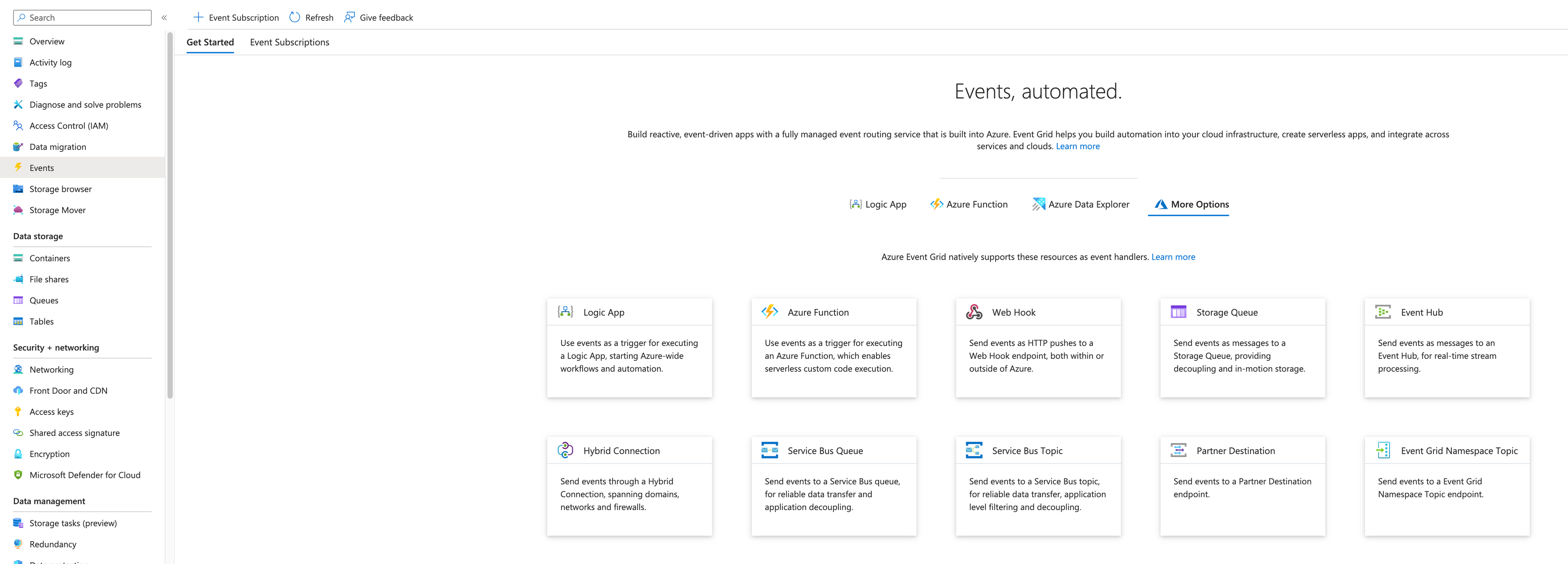Azure storage events configuration showing Service Bus Queue option selection
