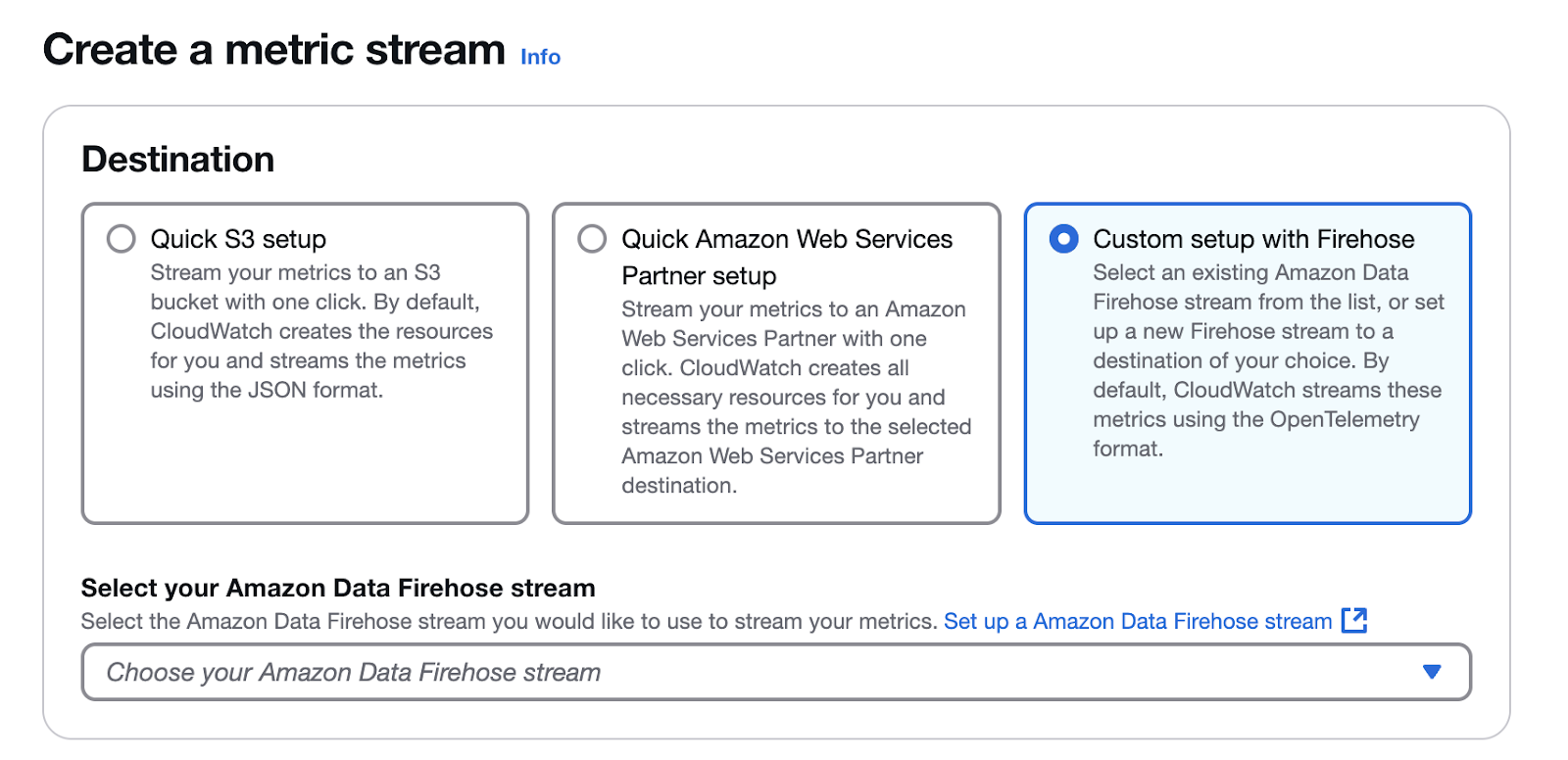 Create a metric stream to Firehose