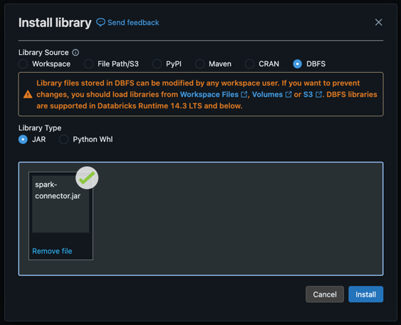 Databricks JAR file upload progress with green checkmark
