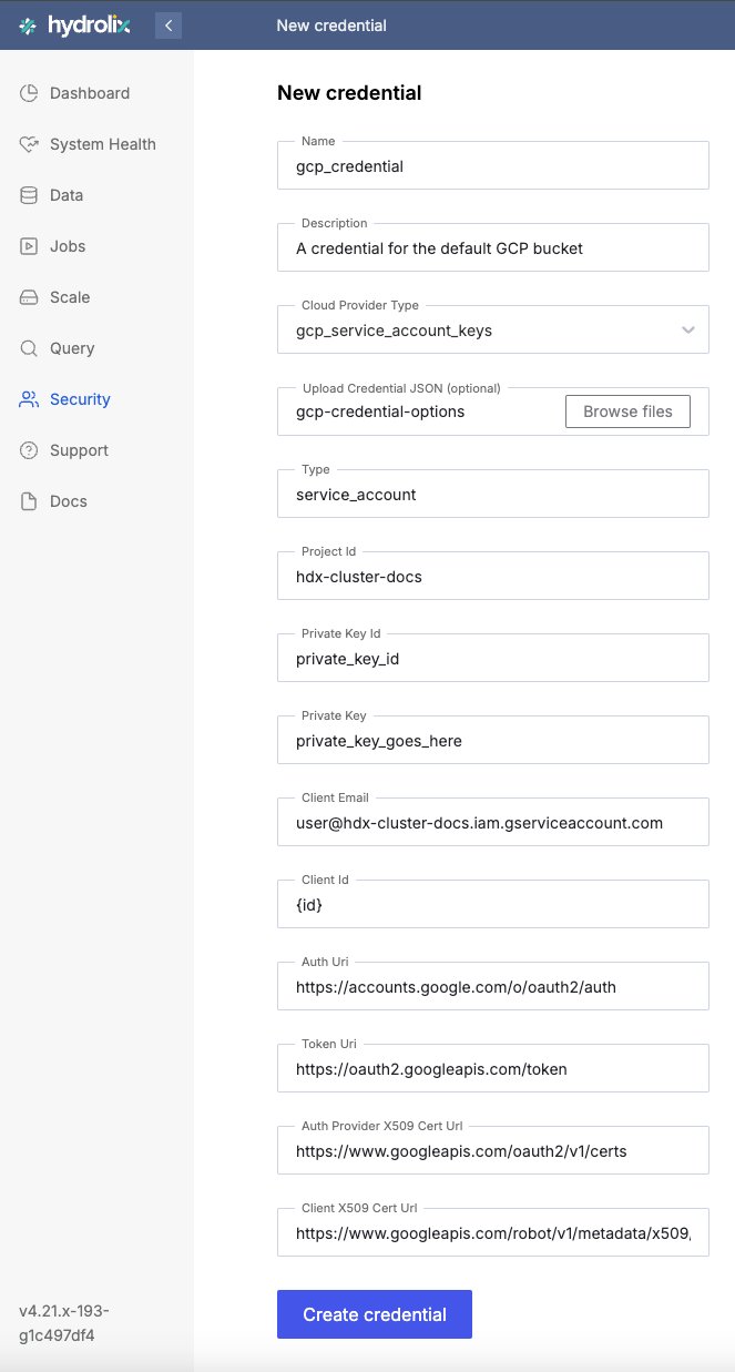 GCP credential creation form in Hydrolix UI