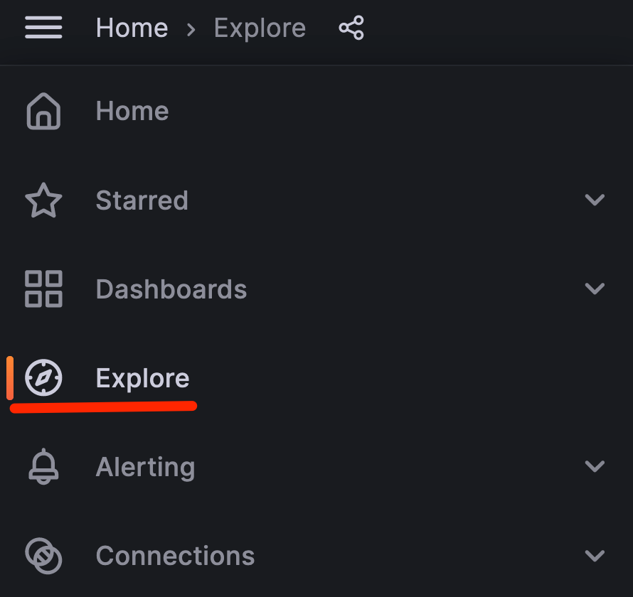 Grafana sidebar menu with Explore option highlighted