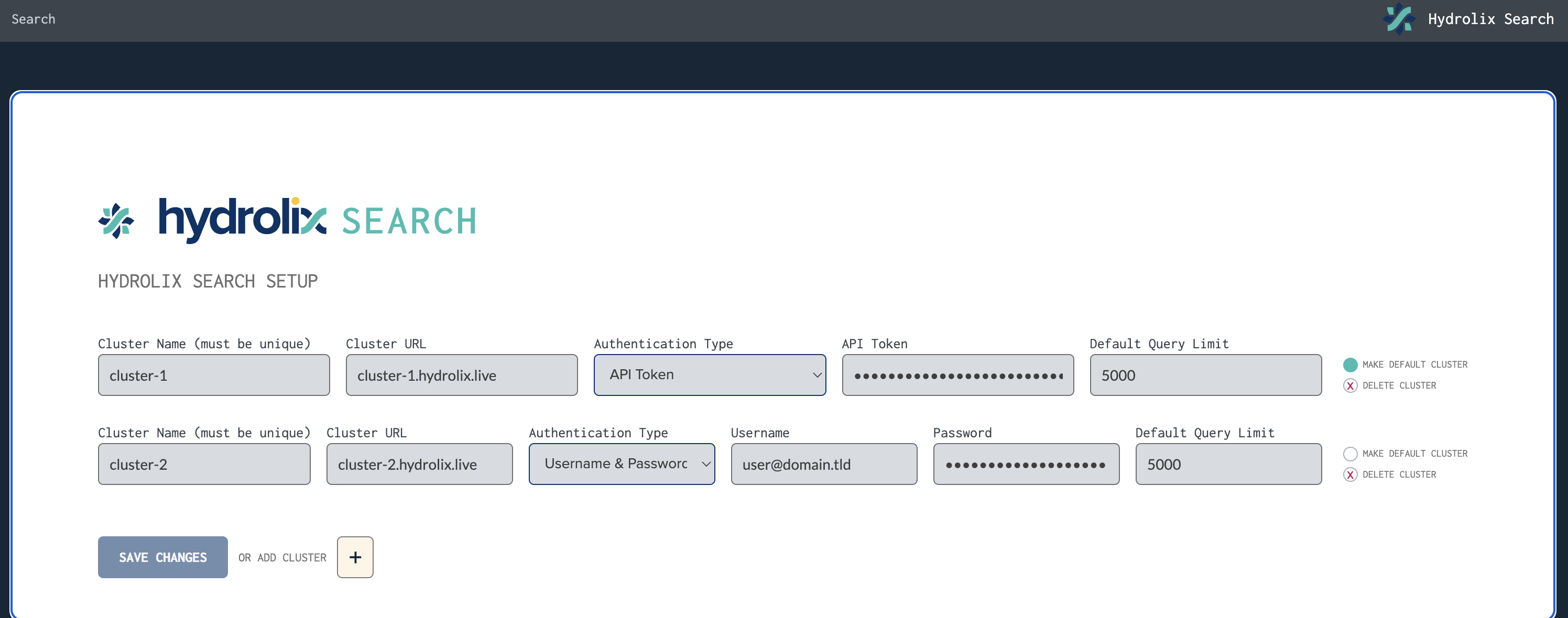 Two cluster configurations, one using typical credentials, the other an auth token