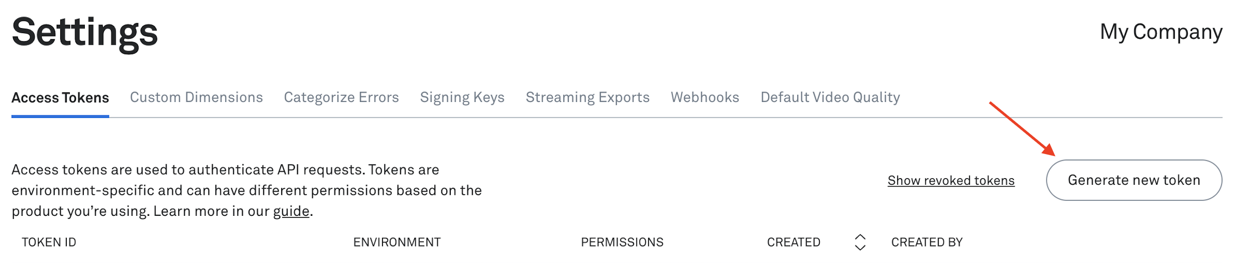 Mux Access Tokens page