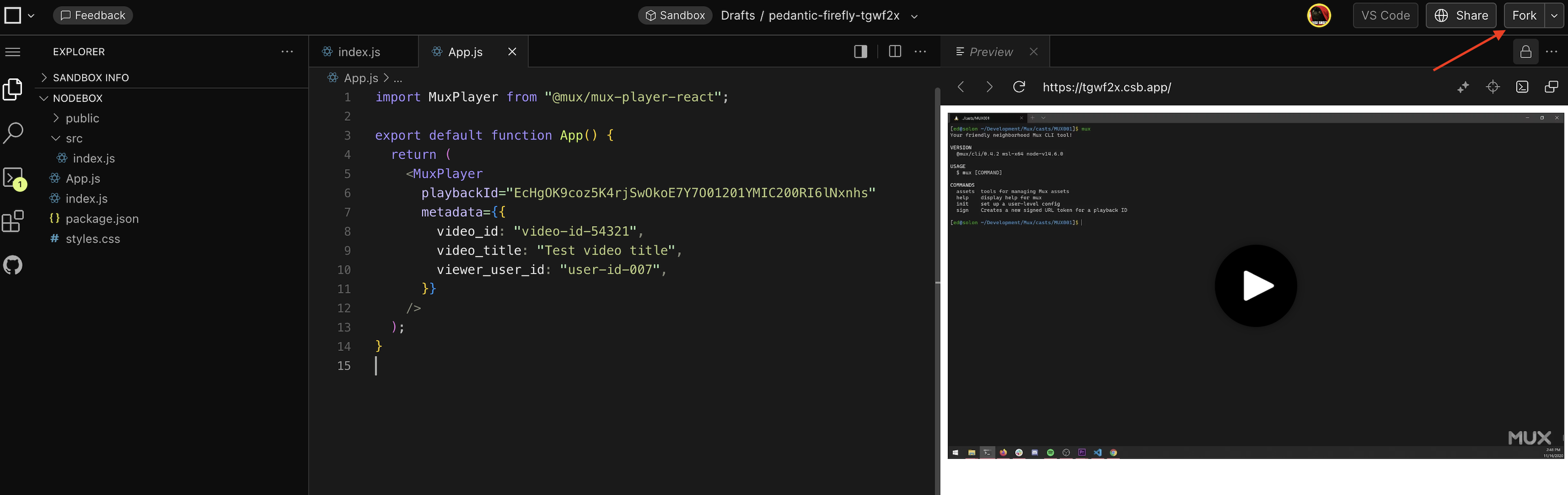 Fork button in the sandbox editor