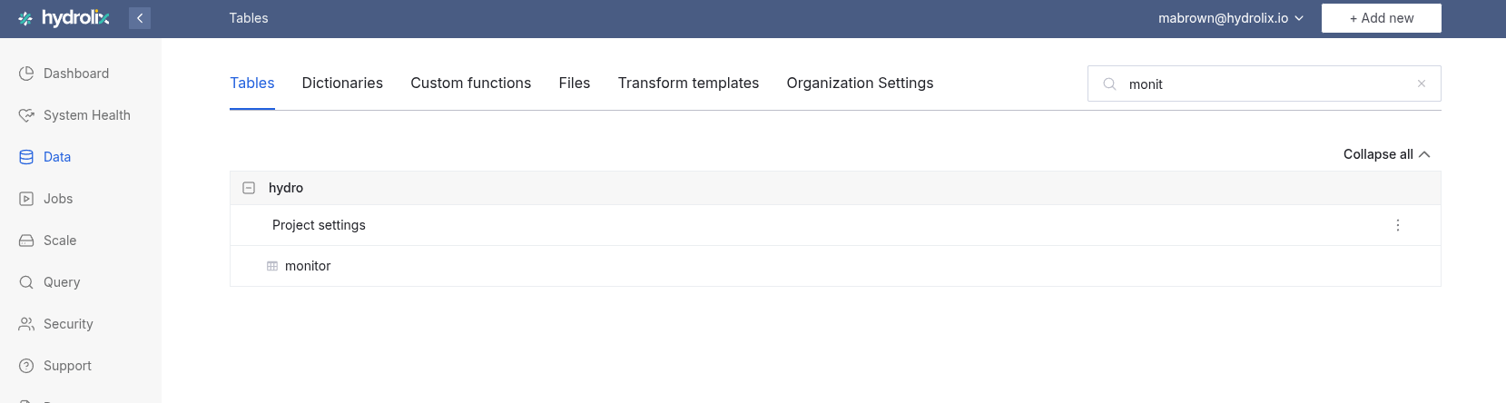 UI: Query options for projects found under Data > Tables