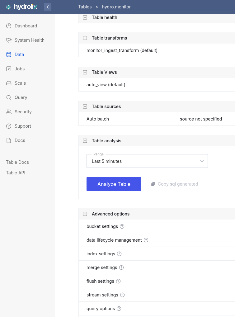 UI: Query options for tables found under Data > Tables
