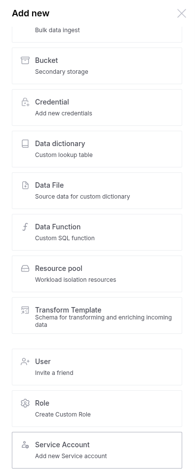 Use left flyout to create a new service account