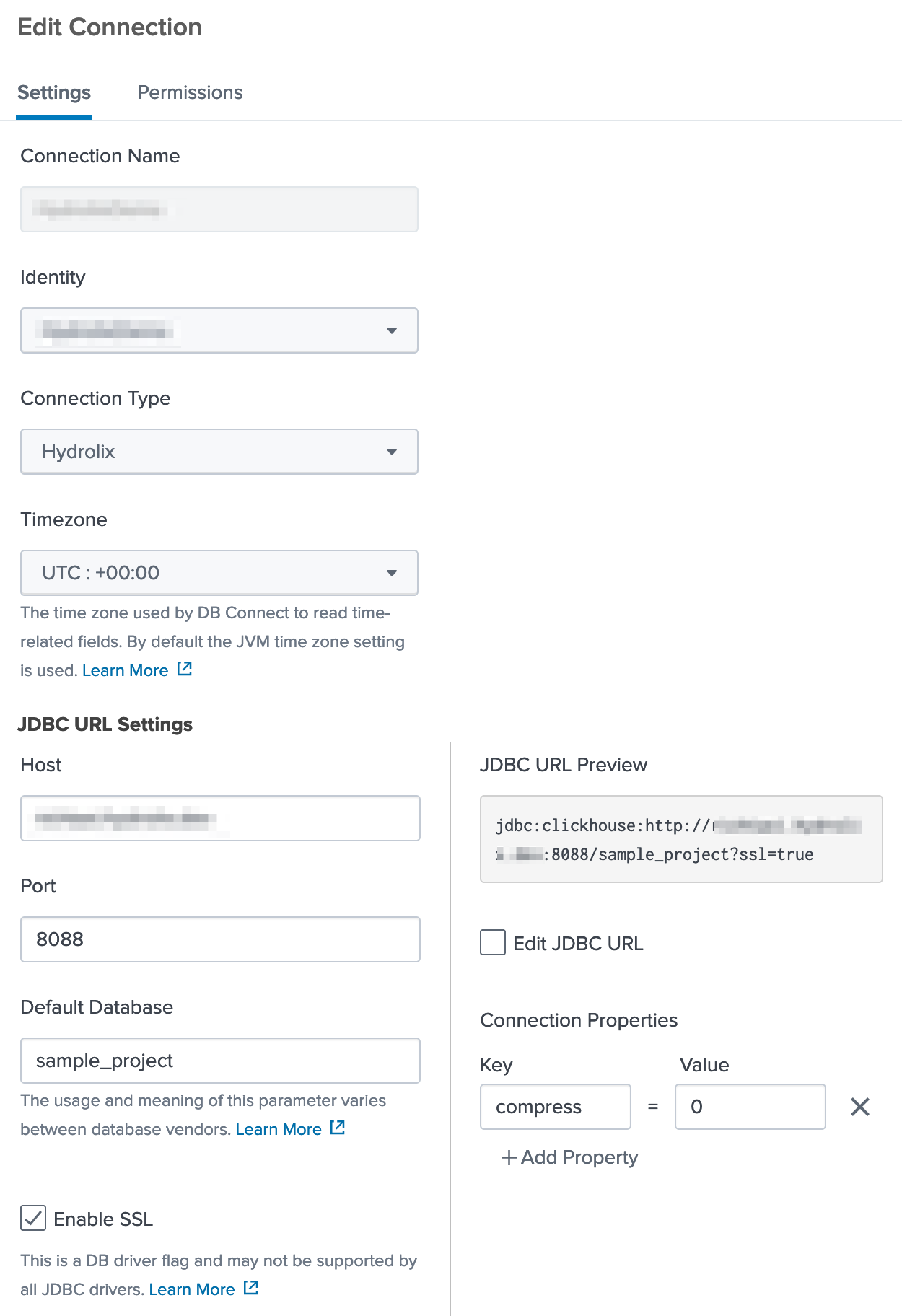 Form to create a new connection to a Hydrolix Cluster