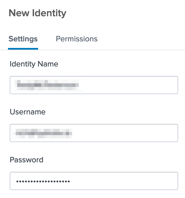 Dialog box for new identity username and password