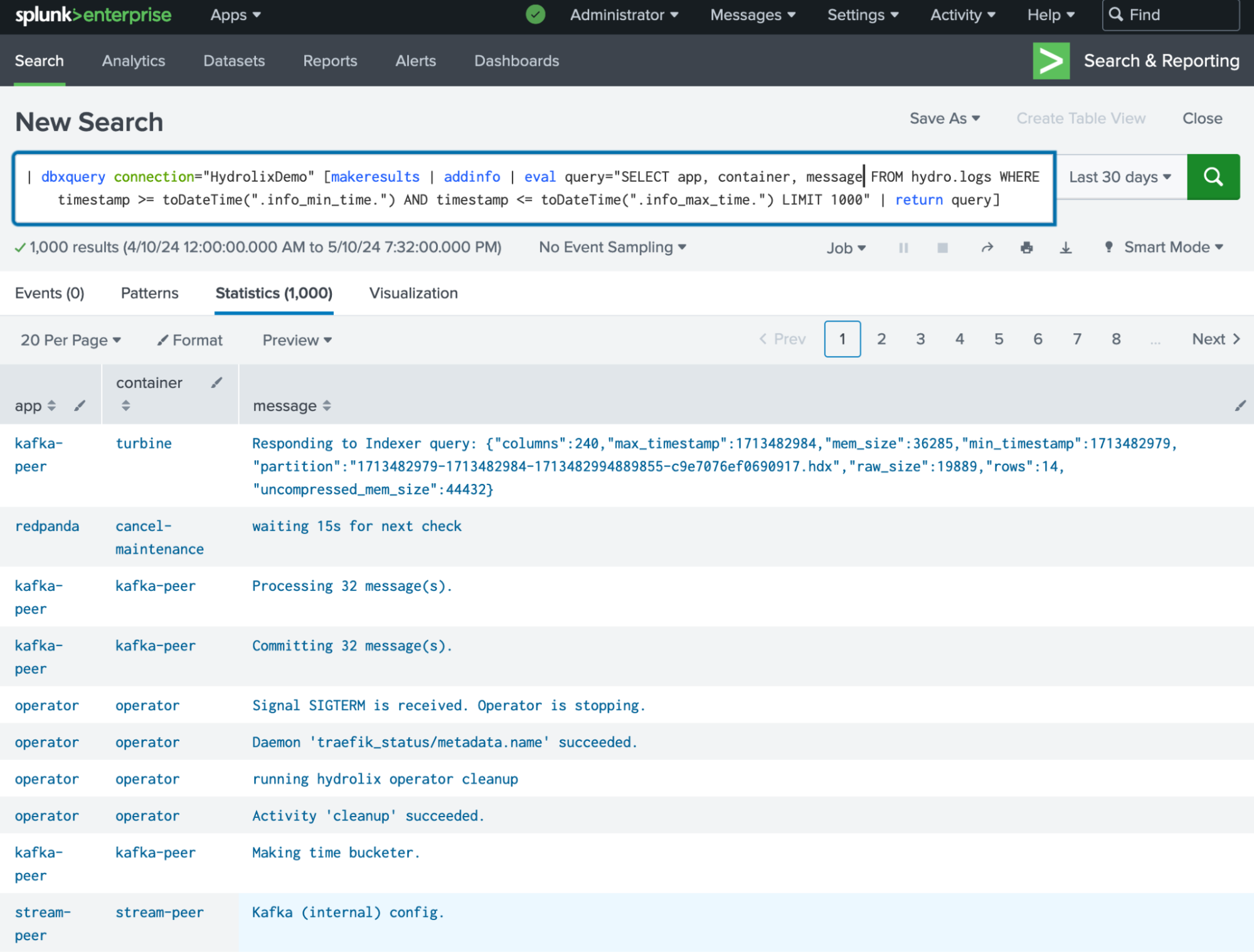 Search results for hydro.logs table using Splunk DB Connect